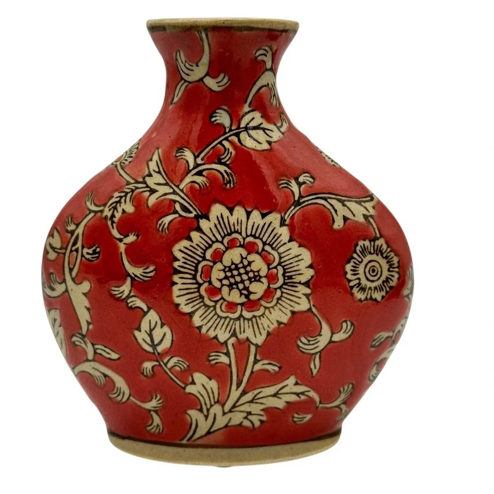 Vintage Chinoiserie Cizhou Style Red Ceramic Flat Pillow Vase Floral 5.5